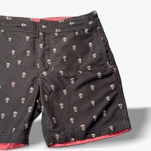 Robert Graham Mens Skull Print Swim Trunks Black Red Pinup Girl Lining Size 30